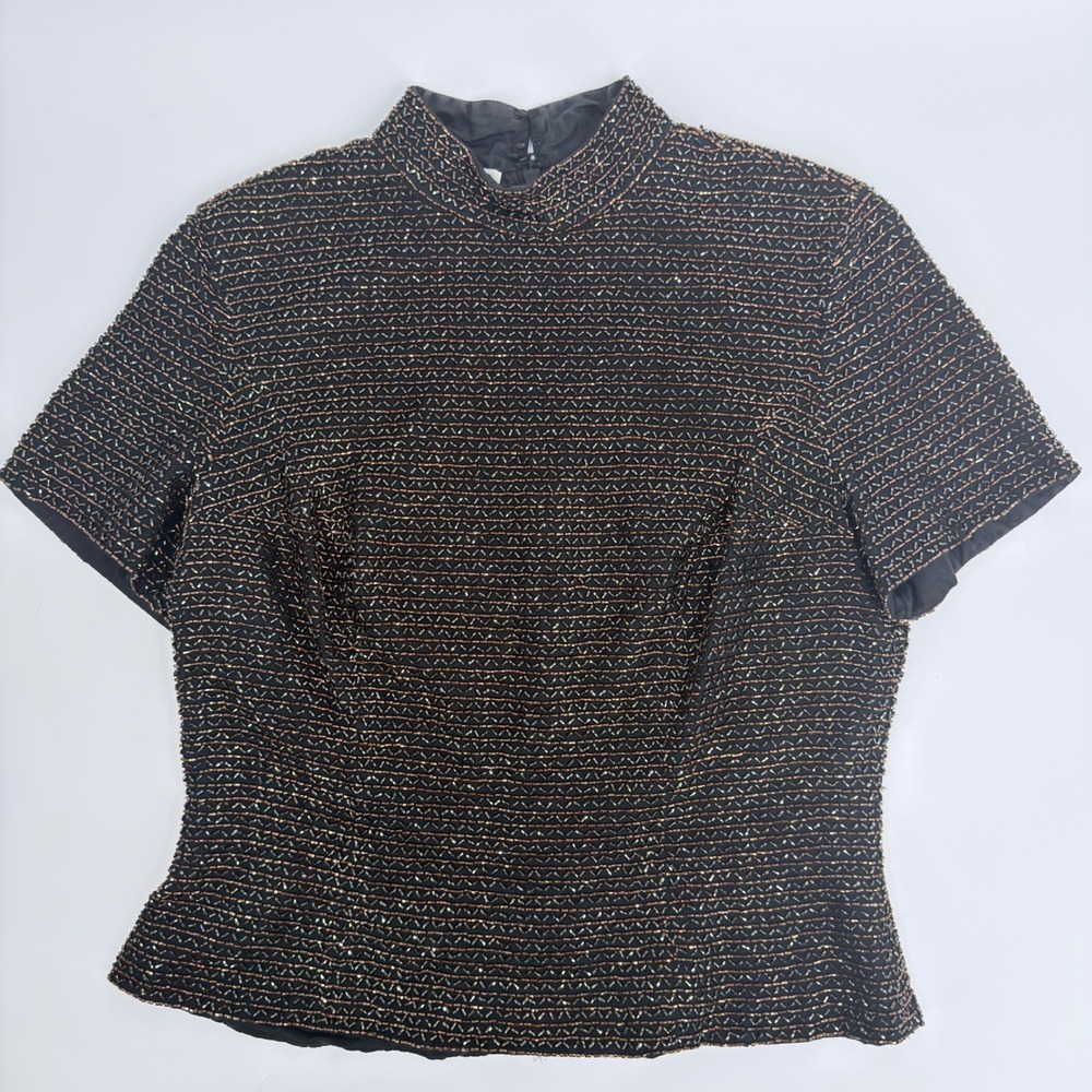 Oleg Cassini Beaded Silk Top Evening Blouse 90s Vintage Women Size 12 Black Gold
